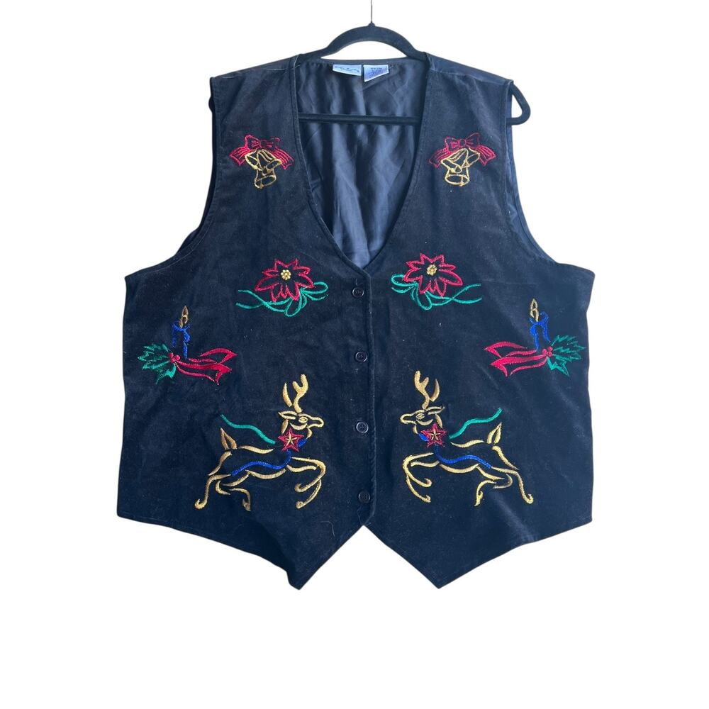 Vintage Women's Reversible Christmas Embroidered Vest Black Size 2X